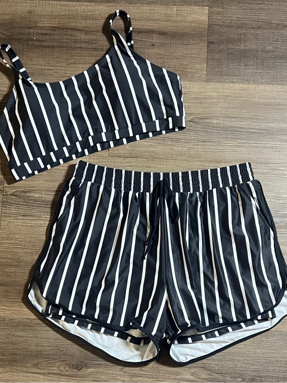 Women’s Black & White Striped Bralette With Shorts Swim Set